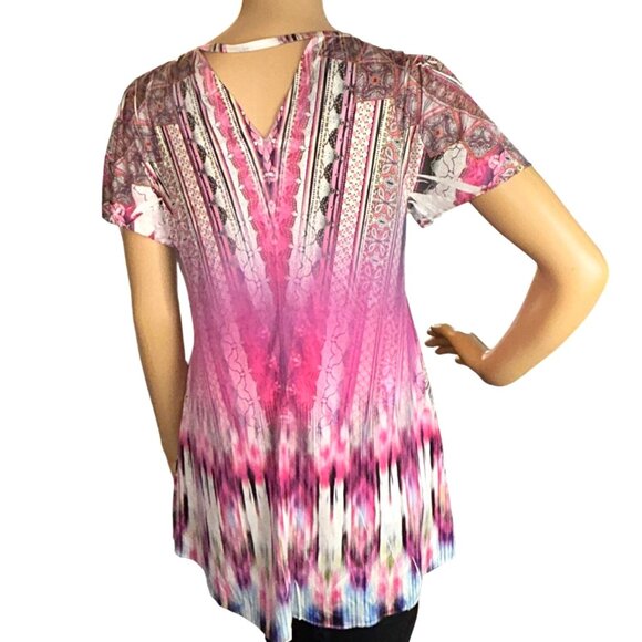 One World Womens Micro Jersey Printed Flutter Sleeve Embellished Keyhole Top - Picture 6 of 12
